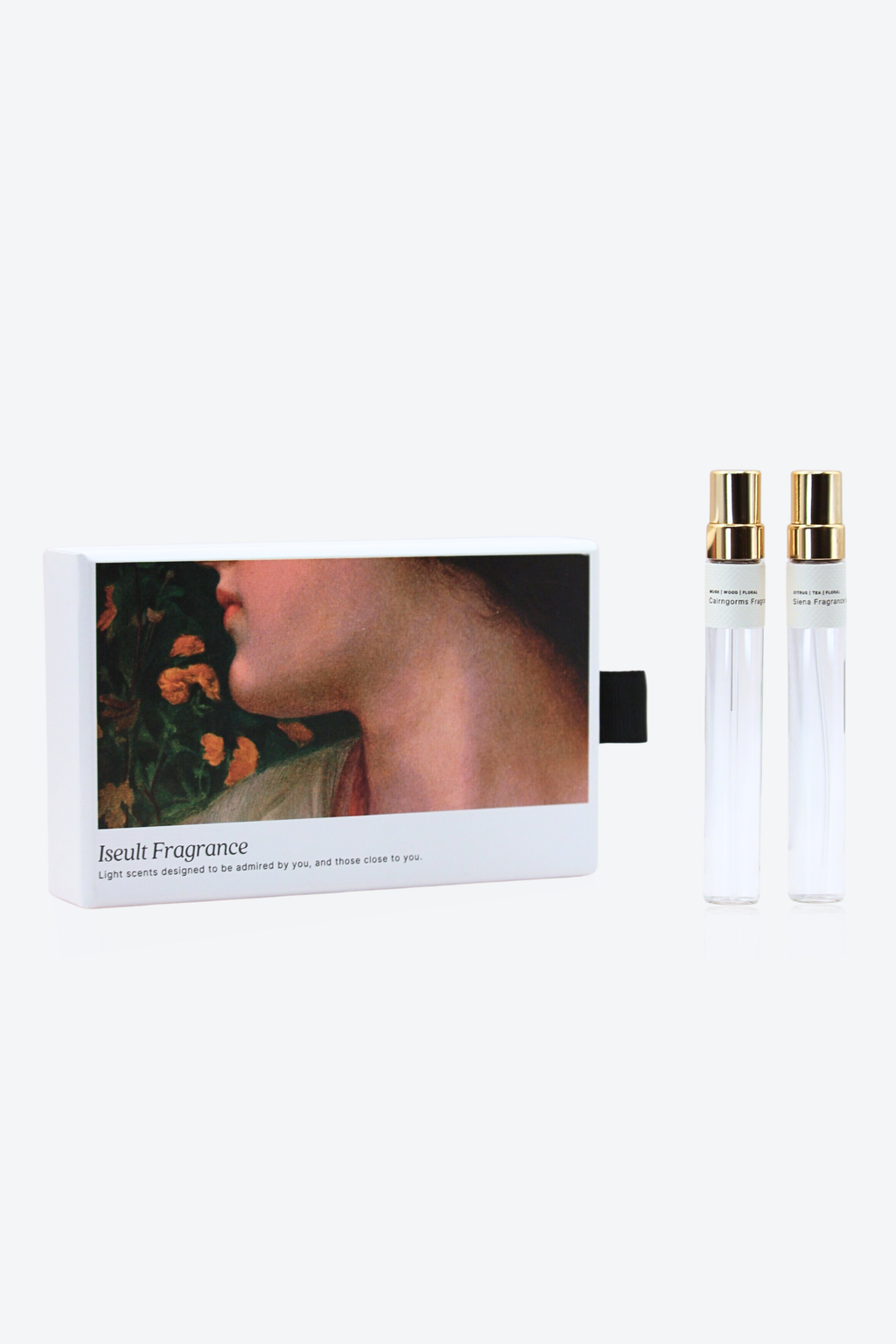 Discover Iseult’s fragrance discovery set with two light, low intensity perfumes. Skin scent samples designed for subtle, everyday wear.
